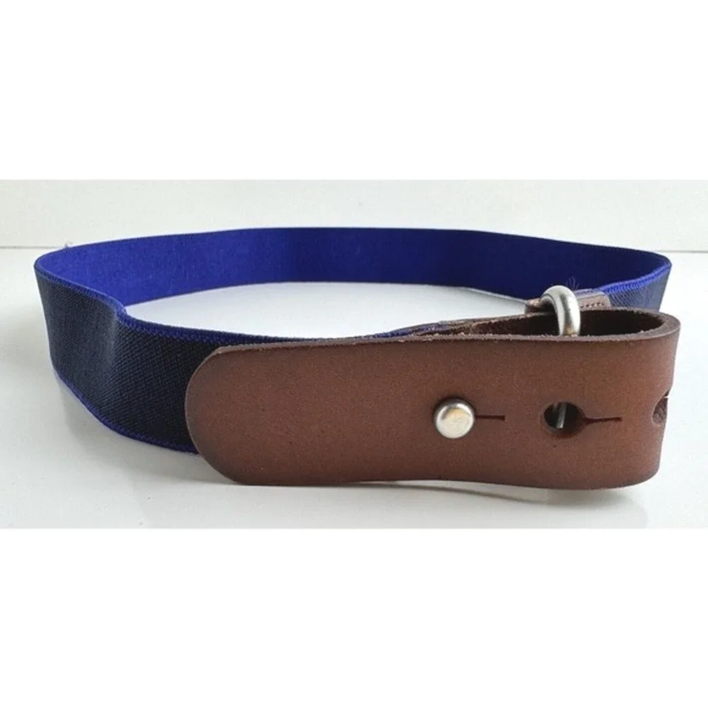 Navy Blue‎ Elastic Stretch Belt Brown Leather Tab Stud Closure Silver Ring 47-08